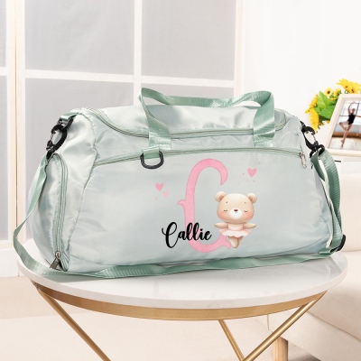Custom Name & Initial Cartoon Animal Ballerina Duffle Bag, Waterproof Weekender Bag, Overnight Bag with Shoulder Strap, Gift for Girls/Ballet Lovers