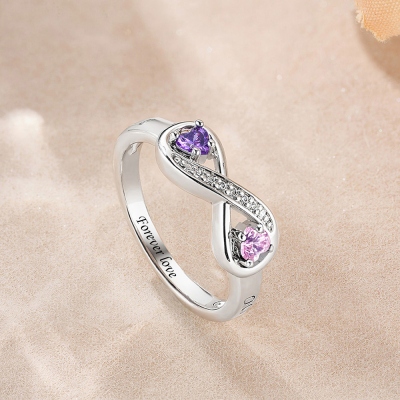 Custom Engraved Infinity Ring with 2 Heart Birthstones, Sterling Silver 925 Dainty Jewelry, Anniversary/Valentine's Day Gift for Her/Couple/Bestie