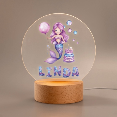 Personalized Name Cartoon Mermaid Girl LED Night Light, Acrylic Night Lamp with Wooden Base, Nursery Bedroom Decor, Birthday Gift for Girls/Daughter