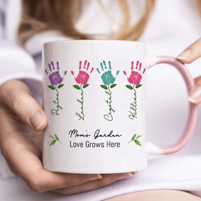 Personalized Names Children's Handprints Mom's Garden Mug, 11oz Two Tone Ceramic Coffee Tea Mug, Birthday/Mother's Day Gift for Her/Mom/Grandma
