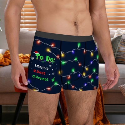 Personalized Name Multicolored Christmas Tree Lights Boxer Briefs, Funny Men's Underwear, Valentine's Day/Wedding/Christmas Gift for Husband/Boyfriend