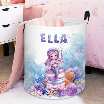 Custom Name Mermaid Girl Collapsible Storage Basket with Handle, Large Capacity Laundry Basket for Bathroom/Nursery/Living Room, Gift for Girls/Kids