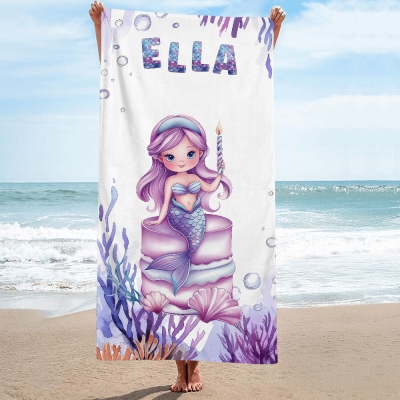 Personalized Name Cartoon Mermaid Girl Beach Towel, Quick Dry Microfiber Bath Towel, Summer Vacation/Beach/Pool Party Favor, Gift for Girls/Kids