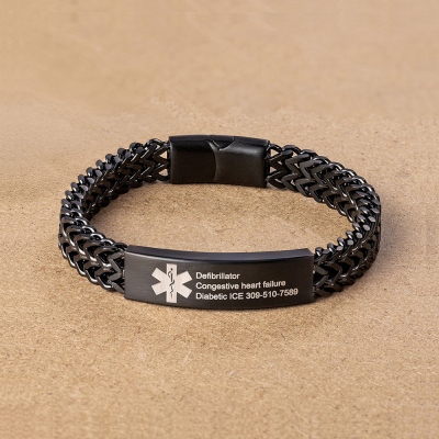 Personalized Engraved Medical Alert ID Bracelet, Stainless Steel Men's ID Tag Bracelet for Epilepsy/Diabetes/Allergy, Gift for Him/Dad/Family