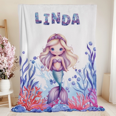 Personalized Cartoon Mermaid Girl Blanket with Name, Flannel/Sherpa Soft Bed Couch Throw, Nursery/Home Decor, Baby Shower/Birthday Gift for Kids/Girls