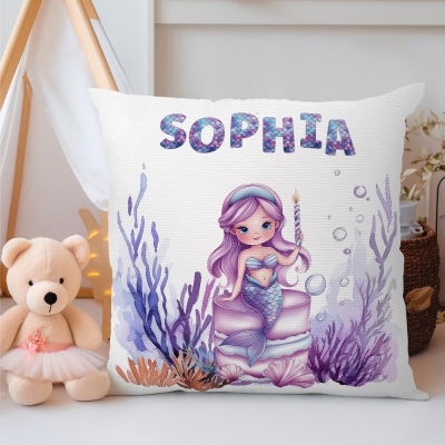 Personalized Name Cartoon Mermaid Girl Throw Pillow Cover, Pillowcase with Optional Insert, Nursery Home Decor, Birthday Gift for Girls/Kids