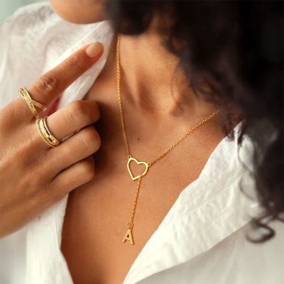 Personalized Initial Heart Lariat Necklace, Y Necklace with Letter Charm, Sterling Silver 925 Jewelry, Birthday/Anniversary Gift for Her/Mom/Bestie