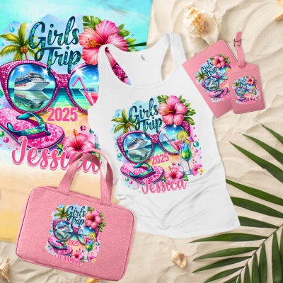 Personalized Girls Trip Kit, Cruise Travel, Custom Vest, Beach Towel, Wash Bag, Passport Luggage Tag, Gifts for Girls, Girls trip Gifts