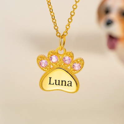Custom Engraved Paw Print Necklace with Birthstone, Dog Cat Paw Pendant Necklace, Sterling Silver 925 Pet Jewelry, Gift for Pet Owners/Lovers