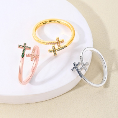 Personalized Engraved Double Cross Ring with Birthstones, Sterling Silver 925 Adjustable Open Ring, Dainty Cross Jewelry, Birthday/Christian for Women