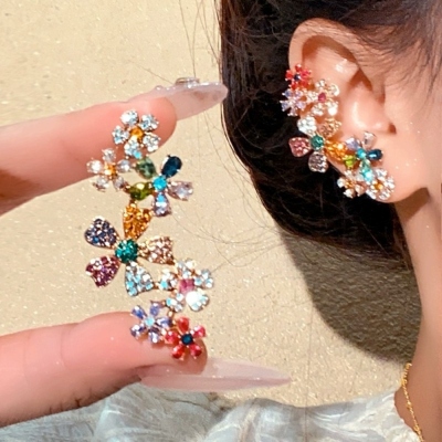 Colorful Crystal Flower Ear Cuff – Non-Pierced Cartilage Earrings, No Piercing Silver or Gold Ear Jewelry, Spiritual Gift for Her