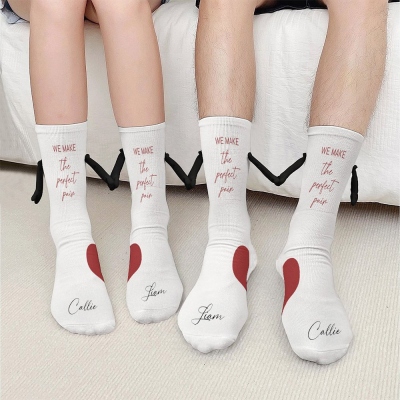 Custom Names We Make the Perfect Pair Magnetic Hand in Hand Socks Set of 2 Pairs, Soft Crew Socks, Valentine's Day/Anniversary/Wedding Gift for Couple