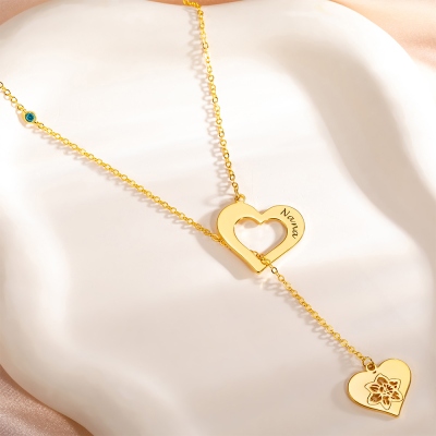 Personligt namnhalsband med ihåligt hjärta och lariat, födelsesten och födelseblomma, Y-halsband med hjärtberlock, födelsedags-/mors dagspresent till henne/mamma