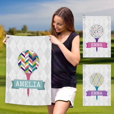 Personalized Name Colorful Golf Tee Design Golf Towel, Absorbent Waffle Weave Sports Towel with Carabiner Clip, Golf Accessory, Gift for Women Golfers