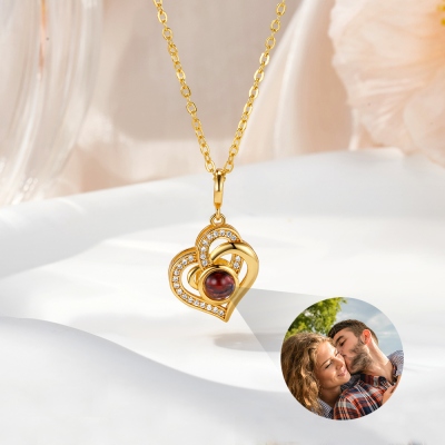 Personalized Double Hearts Photo Projection Necklace, I Love You in 100 Languages Memorial Necklace, Anniversary/Valentine's Day Gift for Her/Couple