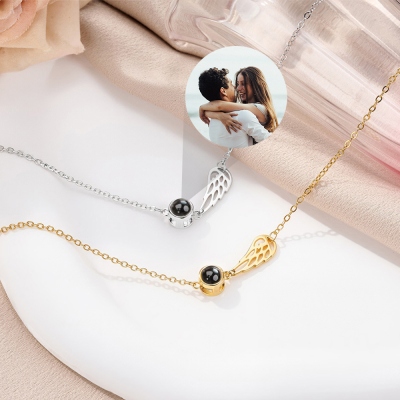 Custom Photo Projection Angel Wing Necklace, I Love You in 100 Languages Picture Inside Memorial Necklace, Birthday/Anniversary Gift for Her/Mom
