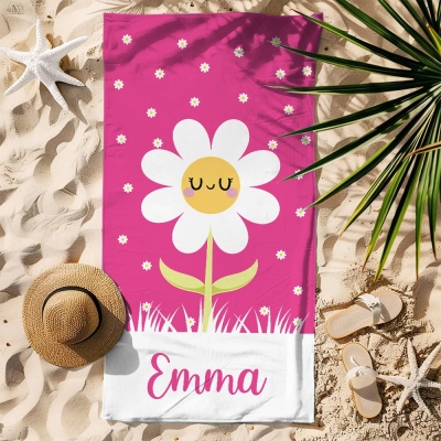 Personalized Name Colorful Smiling Daisy Beach Towel, Quick Dry Microfiber Bath Towel, Summer Vacation/Beach Party Favor, Gift for Her/Mom/Women/Kids