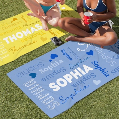 Custom Name Word Cloud Beach Towel, Quick Dry Microfiber Colorful Bath Towel, Summer Vacation/Beach/Pool Party Favor, Gift for Family/Friends/Kids
