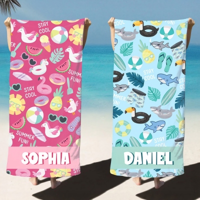 Personalized Name Cartoon Summer Theme Beach Towel, Quick Dry Microfiber Bath Towel, Summer Vacation/Beach/Pool Party Favor, Gift for Kids/Boys/Girls