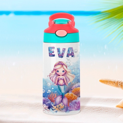 Personalized Cartoon Mermaid Girl Water Bottle with Name, Stainless Steel 12oz Cup with Silicone Straw & Spill-Proof Lid, Gift for Kids/Girls