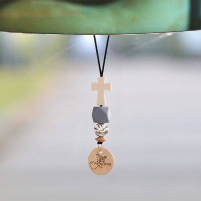 Personalized Name Cross Beaded Car Charm, Custom Engraved Wood Rearview Mirror Hanging Ornament, Car Accessory, Christian Gift for Family/Friends