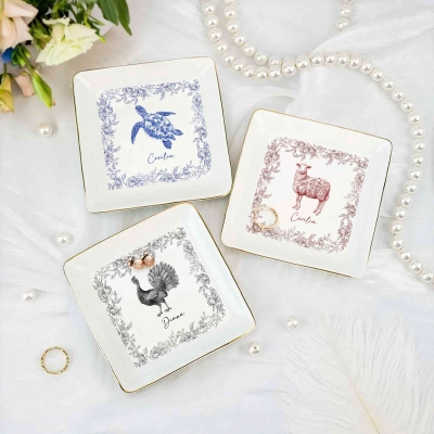 Custom Name Chinoiserie Toile De Jouy Animal Art Jewelry Dish, Round/Square Ceramic Trinket Dish Tray, Gift for Animal Lovers/Her/Friends/Bridesmaids