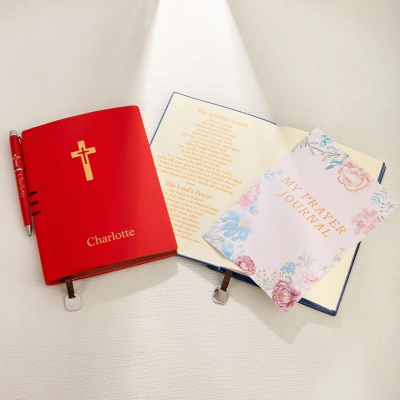 Personalized Name Cross Notebook, Leather Journal with Ribbon Bookmark & Pen, Travel Diary, Birthday/Easter/Christmas Gift for Christian/Pastors