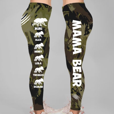 Personalized Names Mama Bear & Cubs Leggings, Women's Mid-Rise Leggings for Running Cycling Yoga, Birthday/Mother's Day Gift for Her/Mom/Grandma