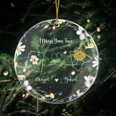 Personalized Names & Birth Flowers US State Maps Long Distance Ornament, Acrylic Christmas Tree Hanging Decor, Christmas Gift for Family/Friends
