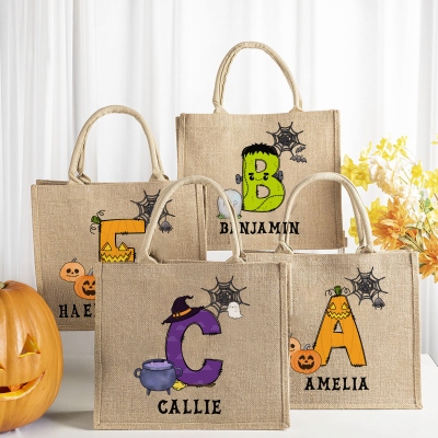 Personalized Halloween Alphabet Tote Bag with Name, Large Capacity Jute Handbag, Trick or Treat Bag, Halloween Gift for Kids/Mom/Grandma/Family