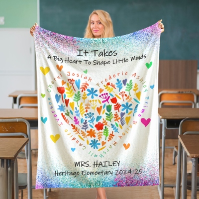 Personalized Colorful Heart Flowers Teacher's Blanket with Students' Names, Flannel/Sherpa Throw, Back to School/Appreciation Gift for Teachers