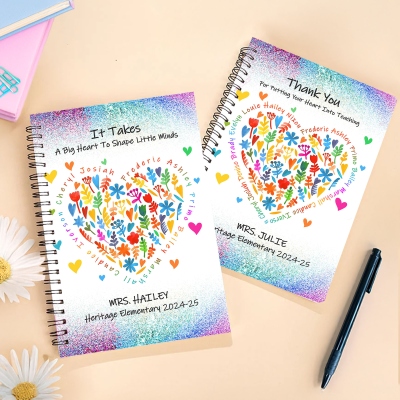 Personalized Colorful Heart Flowers Teacher Notebook with Students' Names, Softcover A5 Spiral Journal, Back to School/Appreciation Gift for Teachers
