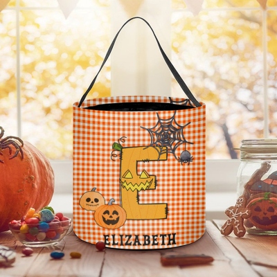Personalized Name Halloween Alphabet Gingham Candy Basket with Handle, Multicolor Trick-or-Treat Bucket Bag, Halloween Gift for Kids/Boys/Girls