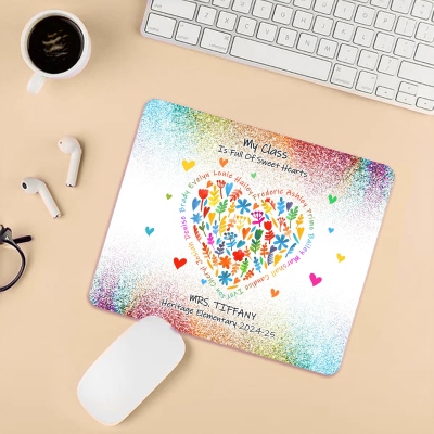 Personalized Colorful Glitter Heart Flowers Teacher Mouse Pad with Students' Names, Non-slip Computer Laptop Desk Mat, Appreciation Gift for Teachers