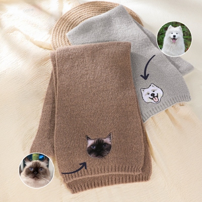 Custom Name Embroidered Pet Portrait Woven Scarf, Personalized Pet Face Photo Shawl and Wrap, Unisex Warm and Soft Scarf, Gift for Pet Lovers/Owners
