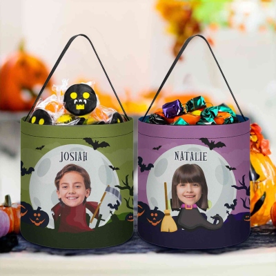 Custom Name & Face Photo Kid in Halloween Costume Candy Basket with Handle, Multicolor Trick-or-Treat Bucket Bag, Halloween Gift for Kids/Boys/Girls