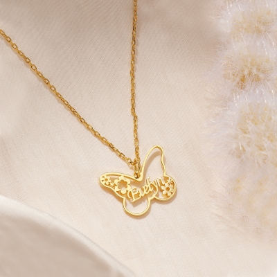 Personalized Name Floral Butterfly Necklace, Sterling Silver 925 Dainty Women's Jewelry, Birthday/Mother's Day/Anniversary Gift for Her/Mom/Besties
