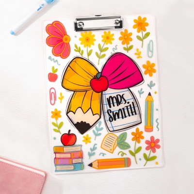 Personalized Name Floral Pencil Bow Acrylic Teacher Clipboard, School Supplies, Teacher's Day/Appreciation/Back to School Gift for Teachers/Educators