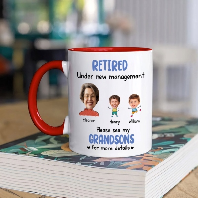 Custom Photos & Names Retired Under Grandkids' Management Mug, 11oz Two Tone Ceramic Tea Mug, Happy Retirement Cup, Retired Gift for Grandparents