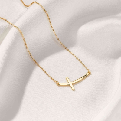 Personalized Name Curved Cross Necklace, Sterling Silver 925 Minimalist Christian Jewelry, Baptism/First Communion/Christmas Gift for Her/Family/Women