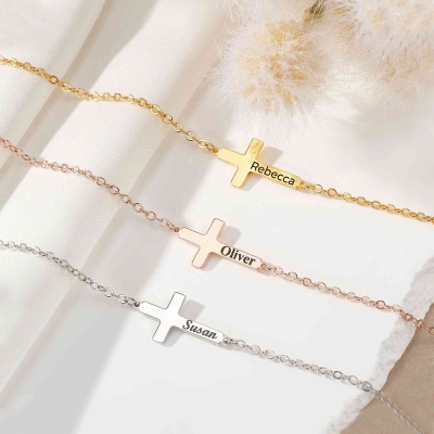 Custom Name Cross Adjustable Bracelet, Sterling Silver 925 Minimalist Christian Jewelry, First Communion/Baptism/Christmas Gift for Her/Women/Girls
