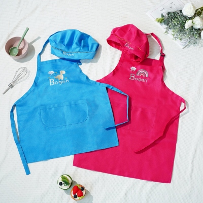 Custom Name Embroidered Cartoon Design Children's Apron & Chef Hat Set, Cooking Baking Accessories, Children's Day/Birthday Gift for Kids/Boys/Girls
