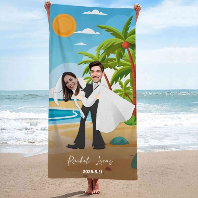 Custom Face Photo & Name Couple's Tropical Honeymoon Beach Towel, Quick Dry Microfiber Pool Towel, Vacation Travel Essential, Wedding Gift for Couple