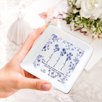 Personalized Toile de Jouy Birth Flowers Jewelry Dish with Friends' Names, Square Ceramic Trinket Tray, Birthday/Anniversary Gift for Besties/Sisters