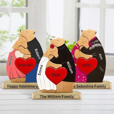 Personalized Wooden Couple Bears Puzzle with 2 Family Name - Custom Family Name Puzzle for Couple - Gifts for Mothers Day, Christmas, Birthday, House Warming Gifts, Wooden Home Decor