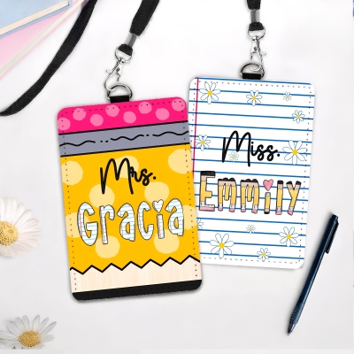 Personalized Name Teacher's Leather ID Badge Holder with Lanyard, Pencil/Notebook Design Card Holder, Appreciation/Back to School Gift for Teachers