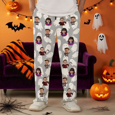 Personalized 1-4 Face Photos Family Halloween Pajama Pants, Unisex Sleepwear Bottoms, Lounge Pants with Drawstring, Halloween Gift for Kids/Family