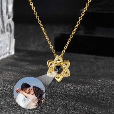 Personalized Hexagram Photo Projection Necklace, I Love You in 100 Languages Picture Inside Dainty Jewelry, Birthday/Anniversary Gift for Her/Couple