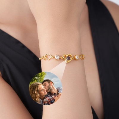 Custom Hearts Photo Projection Adjustable Bracelet, I Love You in 100 Languages Picture Inside Dainty Jewelry, Birthday/Anniversary Gift for Her