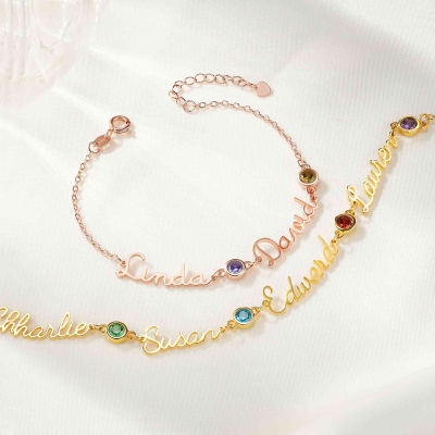 Personalized Multiple Names & Birthstones Family Bracelet, Sterling Silver 925 Women's Dainty Jewelry, Birthday/Mother's Day Gift for Her/Mom/Grandma